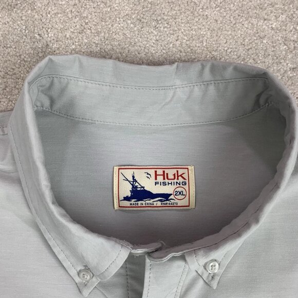 HUK Men's Kona Solid Short Sleeve Fishing Button Down Shirt Pocket Gray XXL 2XL - Picture 10 of 15